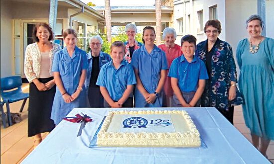 , St Anthony’s school principal Liza Couzens; Sister of Mercy guests Sr Loyola Crowe, Sr Barbara Broad, Sr Elaine Treagus and Sr Kathryn Travers; Sharn de Nys, APRIM; front, 2024 school captains and deputy captains Nyree Baker, Sam Lang, Kaia Green and Rhys Damhuis.