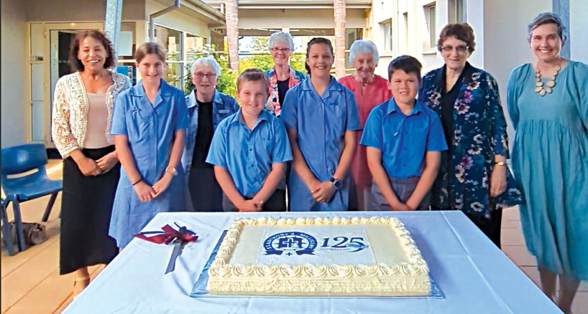 , St Anthony’s school principal Liza Couzens; Sister of Mercy guests Sr Loyola Crowe, Sr Barbara Broad, Sr Elaine Treagus and Sr Kathryn Travers; Sharn de Nys, APRIM; front, 2024 school captains and deputy captains Nyree Baker, Sam Lang, Kaia Green and Rhys Damhuis.