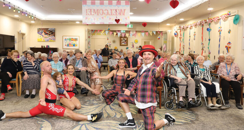 The Circus of Stars troupe performing at Southern Cross Care’s Bucklands Residential Care.