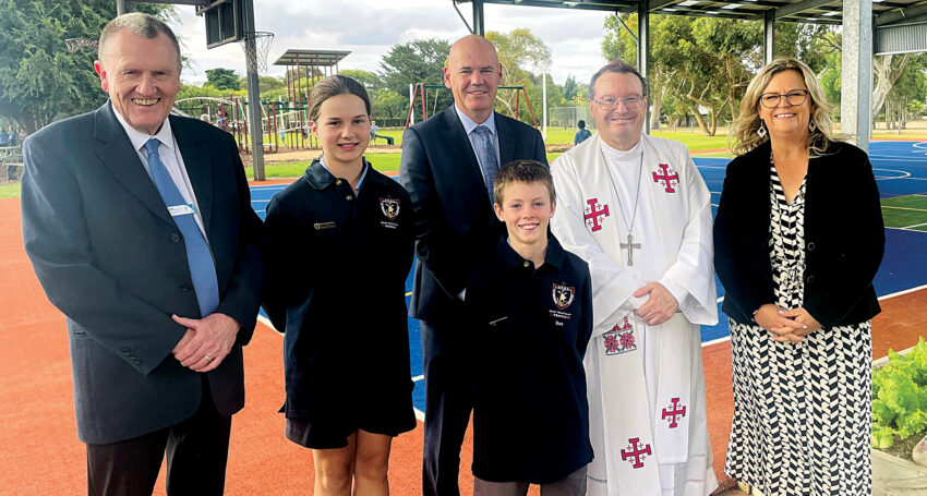 From left, South Australian Commission for Catholic Schools chair John Neate, Year 6 school captain Laura, executive director of Catholic Education SA Neil McGoran, Year 6 school captain Ben, Archbishop O’Regan, and school principal Nicole Coote at the opening.