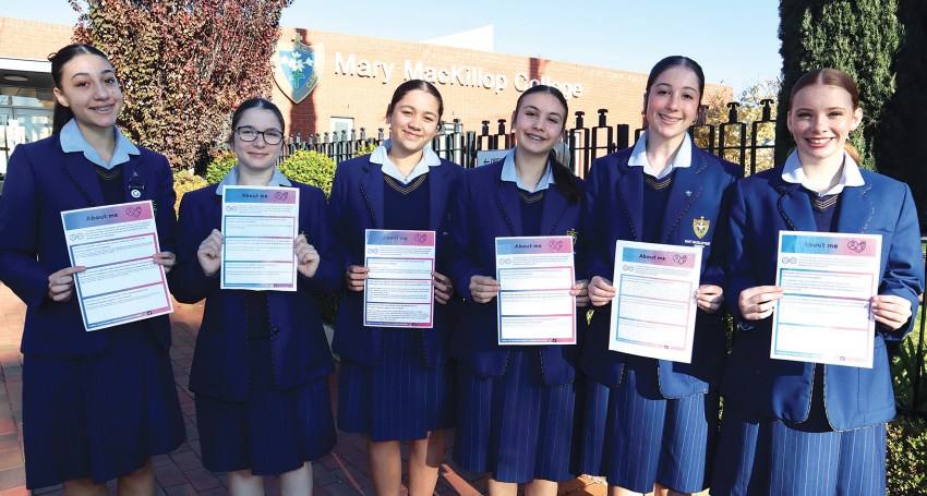 Mary MacKillop College students Chiara, Josephine, Layla, Ava, Ana and Grace with their introductory worksheets.