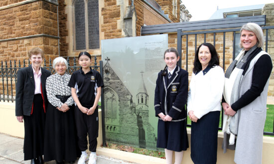 From left, Sr Jill Havey, Sr Cecelia Nguyen, Linda Nguyen, Clare Haddad, Helen Steele and Natalie Cameron outside the chapel.