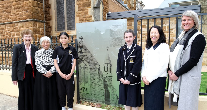 From left, Sr Jill Havey, Sr Cecelia Nguyen, Linda Nguyen, Clare Haddad, Helen Steele and Natalie Cameron outside the chapel.