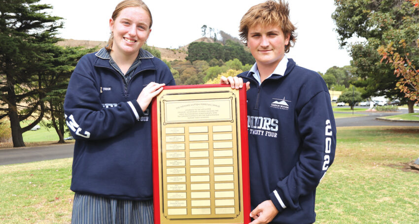 College sport leaders Trixie Crouch and Jayden Prior with the Howard Mutton Trophy.