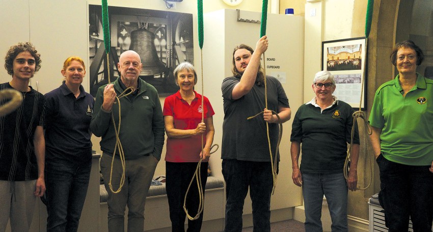 ANZAB bellringers including Luka Sostarko, Phil Goodyer, Patrick Meyer and Susan Tonkin (far right) in St Francis Xavier’s Cathedral bell tower on June 7.