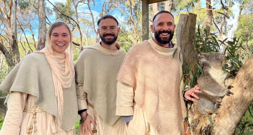 Sr Caterina Curth, Friar John Paul Tsatsoulas and Fr Friar Antonio Maria Farrugia with a koala during a trip to Australia.