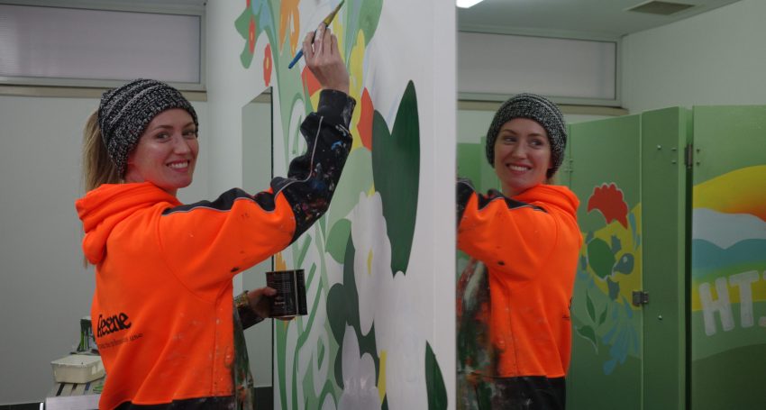 Artist Cat Dean creating a mural in the restrooms at St Catherine’s School in Stirling. Picture: Katie Spain.