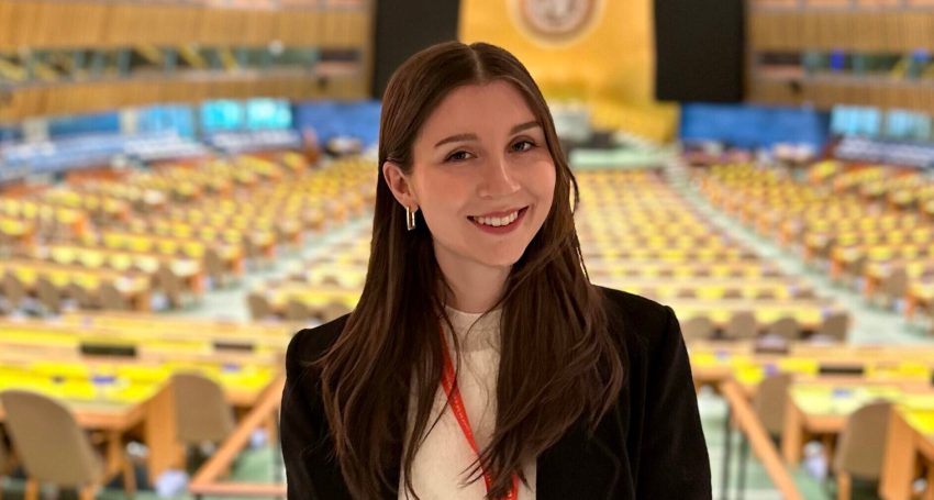 Izzy Salter inside the United Nations hall in New York.