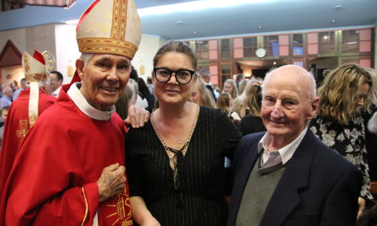 Bishop Eugene Hurley and John McGeever (right) pictured with his daughter Jane McGeever, a former St Joseph’s School student.