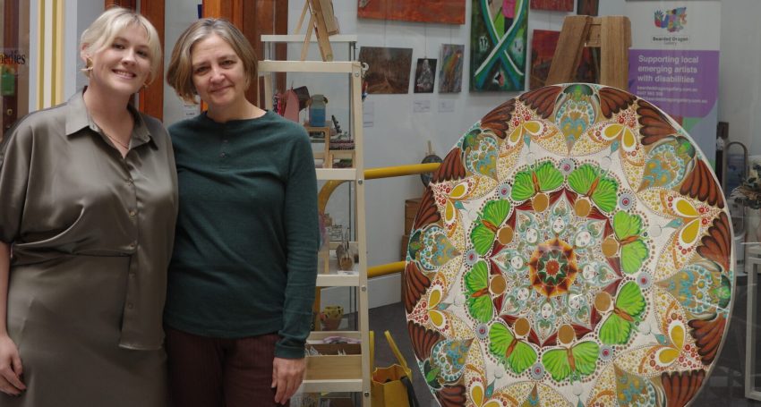 Bearded Dragon Gallery assistant Sophie Newman and artist Sonja Garnaut.