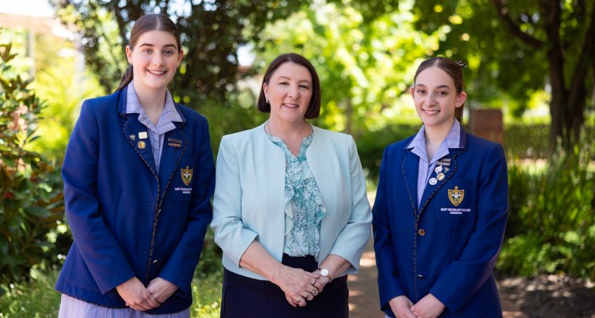 Sonia Nelson, principal of Mary MacKillop College with 2025 college captains Jennifer and Chiara.