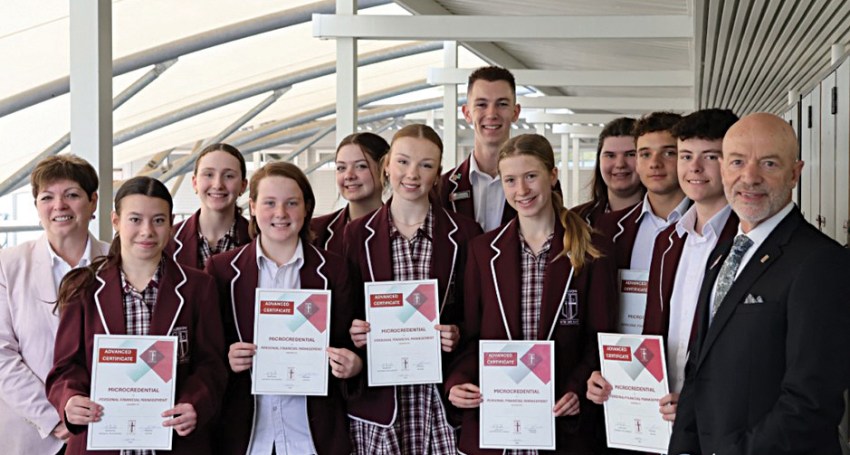Back row, Marisa Favilla with students Lilly, Lorelai, Alex, Sophie and Noah. Front row, students Emma, Anysia, Evelyn, Laura, Caed and principal Joe Corbo.