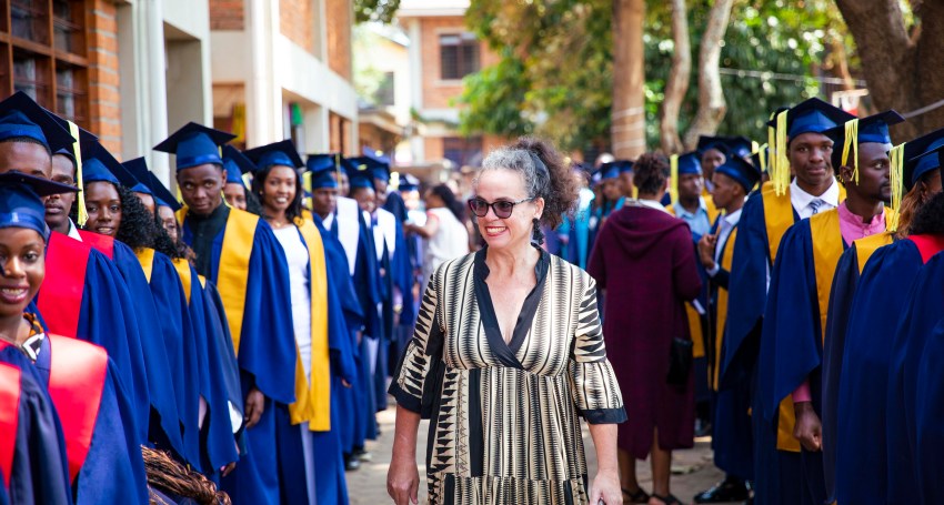 The School of St Jude founder Gemma Sisia with students in Tanzania.