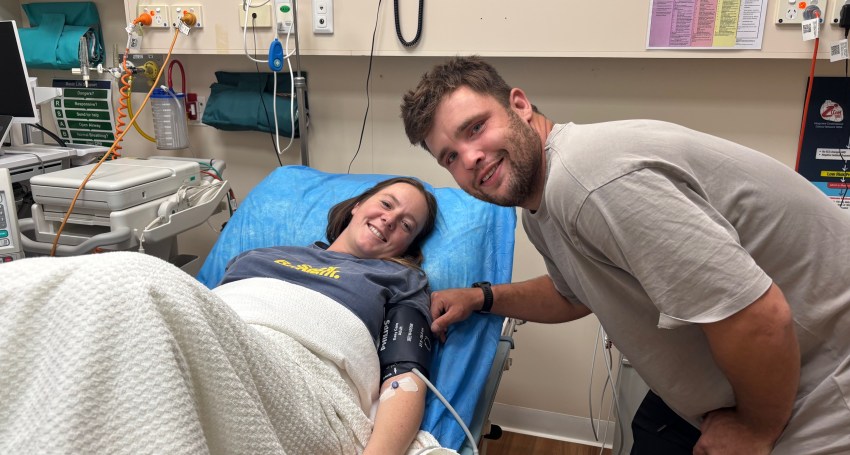 Annie and her partner Sam Lewin at hospital during their pregnancy.