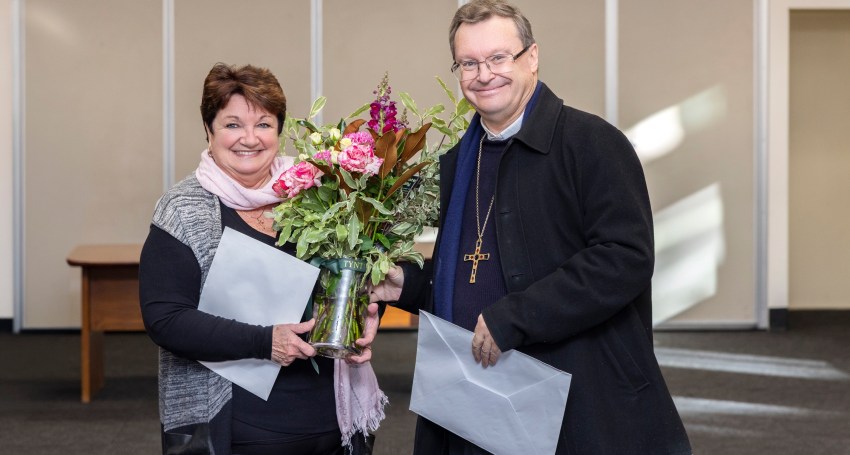 The Southern Cross designer Rosie McMutrie and Archbishop Patrick O'Regan at her farewell.
