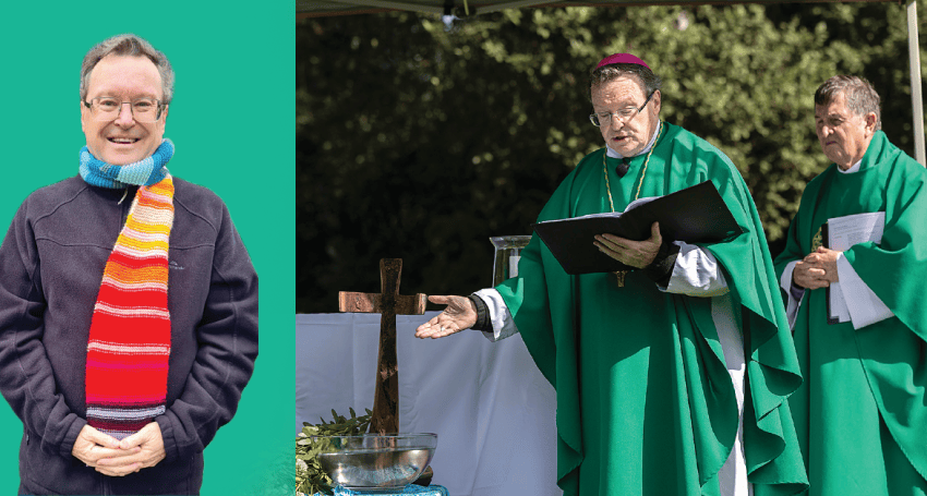Archbishop Patrick O'Regan wearing a climate action-themed scarf.